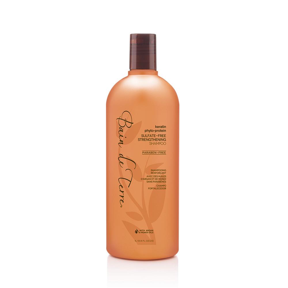 A lush, sulfate-free, paraben-free, color-safe strengthening shampoo infused with Keratin, a natural hair protein. Replenishes strength with a combination of wheat, corn & soy proteins plus precious argan & monoi oils that lavish hair in soft, sumptuous, silky perfection.