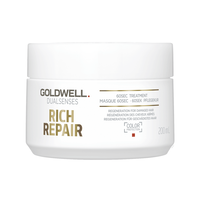 Dualsenses Rich Repair Restoring 60 second treatment for dry to damaged hair blended with microPROtec complex and IntraLipid. Instantly restores severely damaged hair structures from deep inside. Rebuilds the hair fibre up to 100% in 60 seconds and ensures a healthy hair feeling.