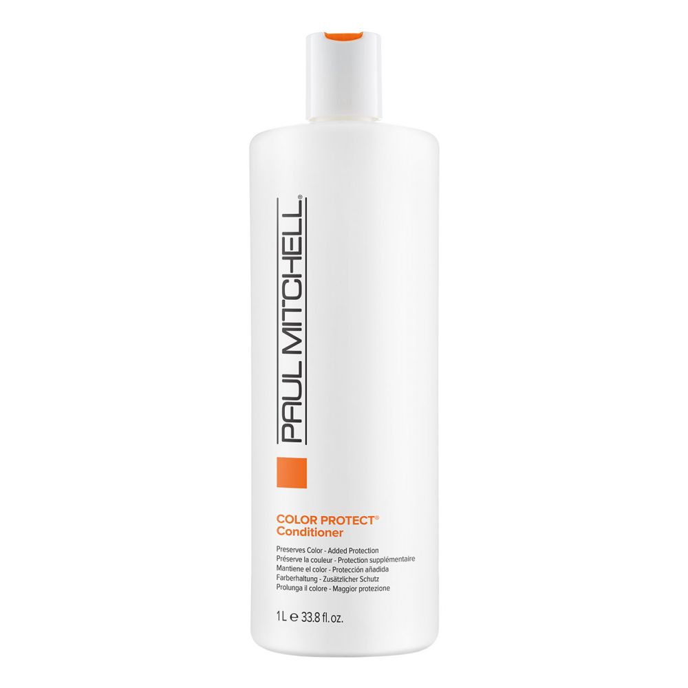 Preserve and protect hair color with Color Protect® Conditioner from Paul Mitchell®. This daily conditioner detangles and soothes color-treated hair, so locks look and feel soft and hydrated. Sunflower extract helps to protect hair from sun damage to keep color from fading, while conditioning extracts moisturize hair and boost shine.